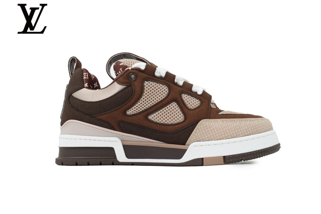 Louis Vuitton Trainer  shoes for man  women Sneaker – Dark Brown Suede & Mesh with Beige & White