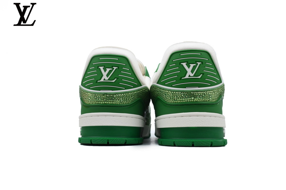 Louis Vuitton LV shoes for man  women Trainer Sneaker – White & Green Rhinestone