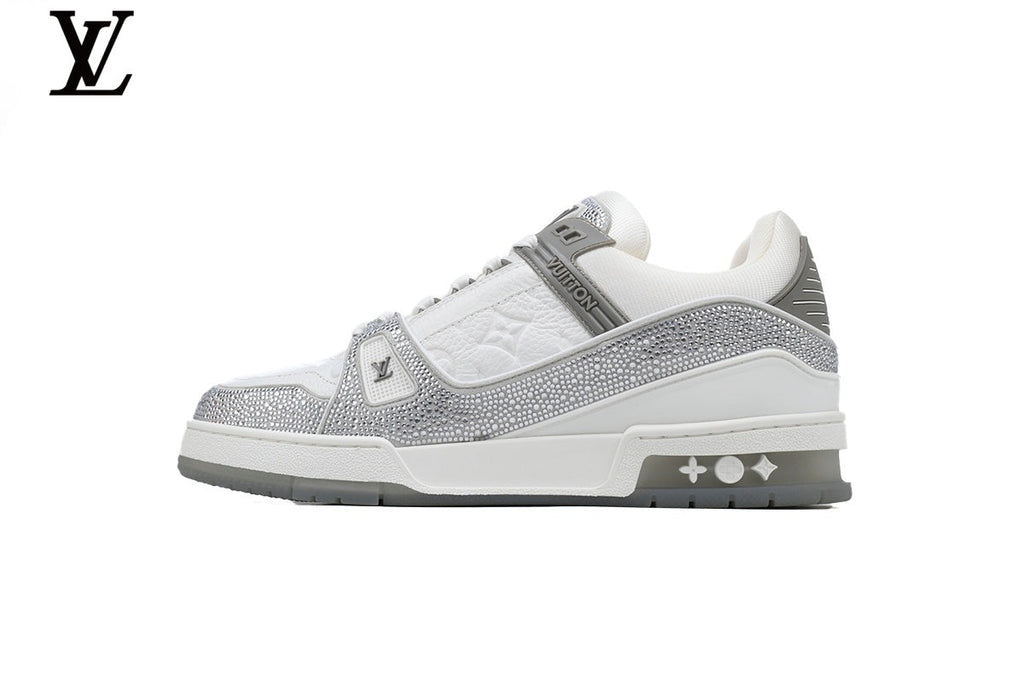 Louis Vuitton LV shoes for man  women Trainer Sneaker – White & Silver Rhinestone