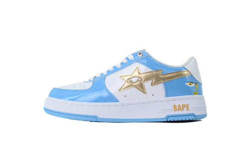A BATHING APE BAPE STA Glossy Sky Blue & White Gold Eye-Graphic Sneakers | Women's & Men's Skate-Inspired Shoes