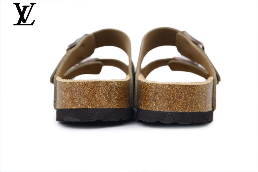 louis vuitton shoes for man  women Birkenstock Slide Sandal in Olive Green Suede with Double Buckle and Cork Footbed