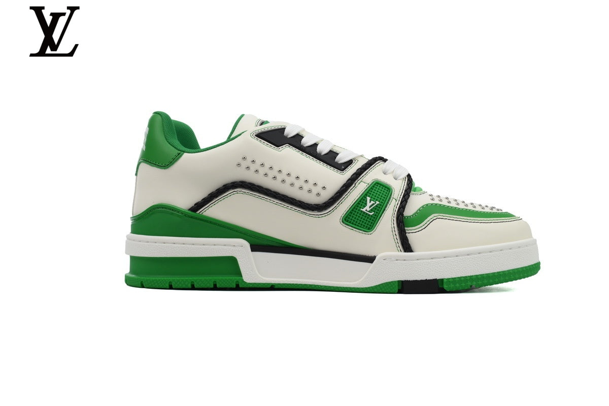 Louis Vuitton LV shoes for man  women Trainer Sneaker – White & Green Studded