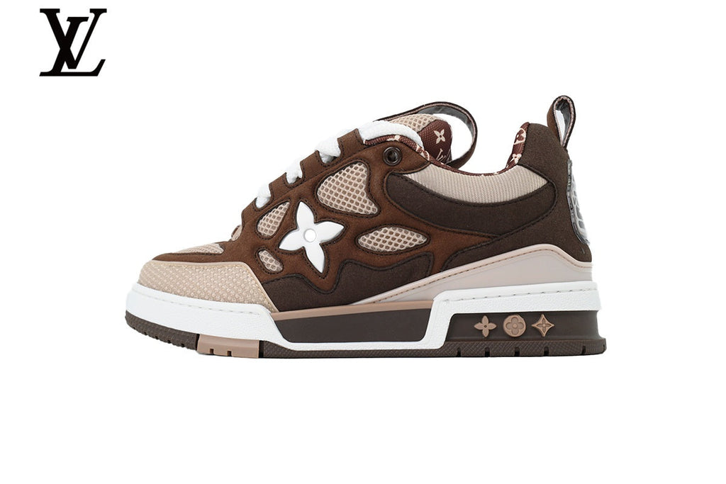 Louis Vuitton Trainer  shoes for man  women Sneaker – Dark Brown Suede & Mesh with Beige & White