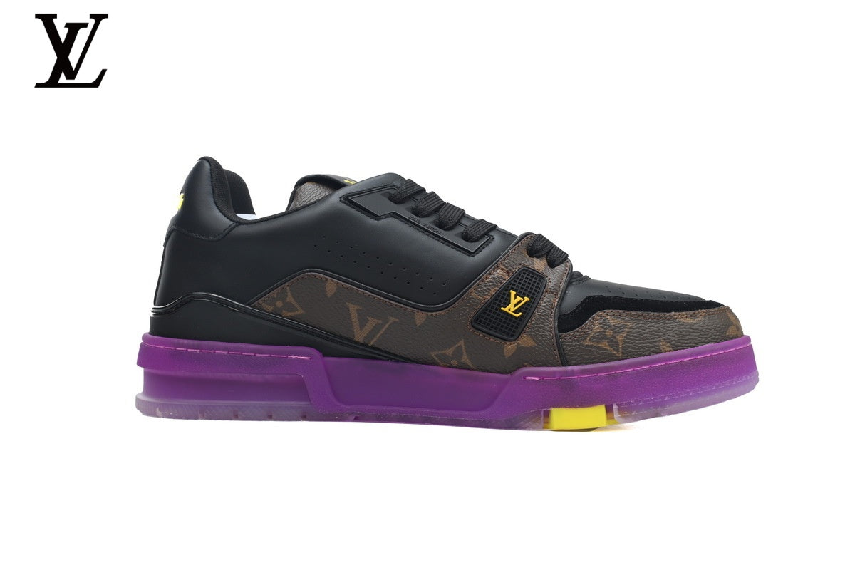 Louis Vuitton Trainer shoes for man  women Sneaker – Black Monogram & Purple Sole