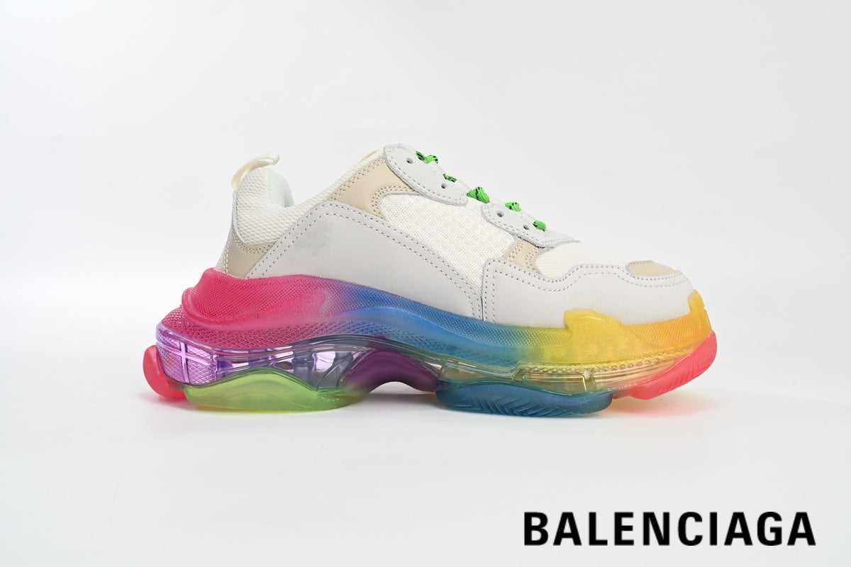 Balenciaga Triple S  men's shoes  women sneakers– White, Rainbow & Clear Sole