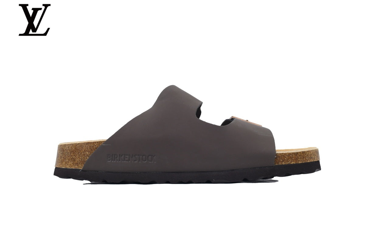 louis vuitton shoes for man  women Birkenstock Slide Sandal in Dark Grey with Double Buckle and Cork Footbed