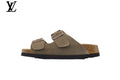 louis vuitton shoes for man  women Birkenstock Slide Sandal in Olive Green Suede with Double Buckle and Cork Footbed