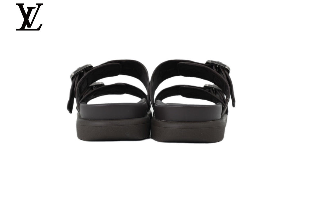 Louis Vuitton Monogram Slide Sandal in Dark Brown with Silver Buckle and Double Strap