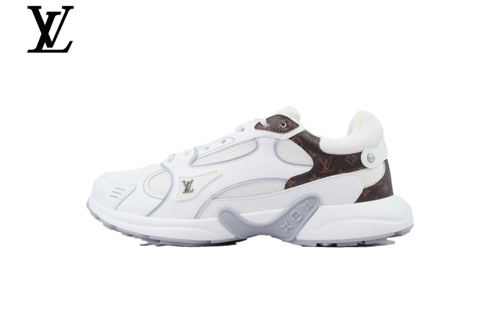 Louis Vuitton Low Top Sneaker – White Mesh & Leather with Monogram Panel & Grey Outsole