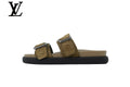 louis vuitton shoes for man  women Khaki Monogram-Pattern Suede-Look Double-Strap Slides | Sizes 35–46
