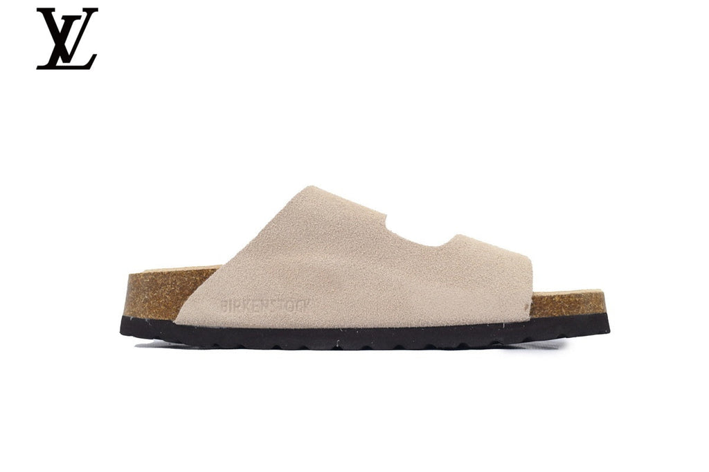 louis vuitton shoes for man  women Birkenstock Slide Sandal in Off-White Suede with Double Buckle and Cork Footbed