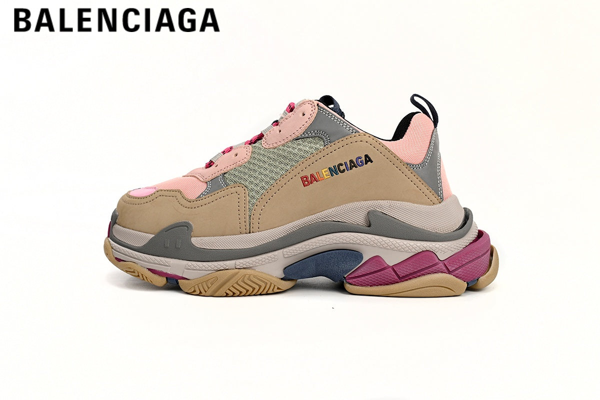 Balenciaga Triple S men's shoes  women sneakers — Pink / Khaki / Multicolor