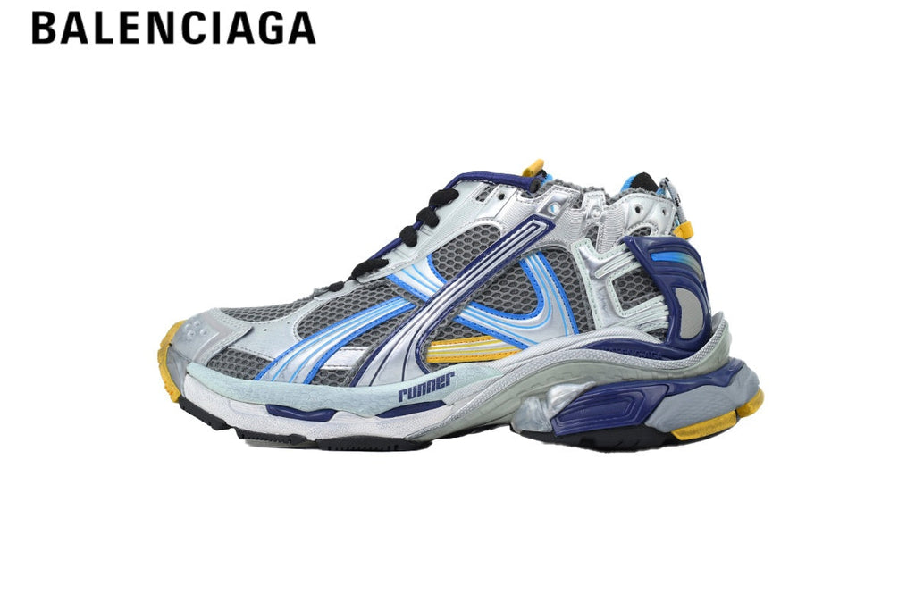 Balenciaga Runner Mid Sneaker — Silver Mesh, Blue & Yellow Synthetic Overlays