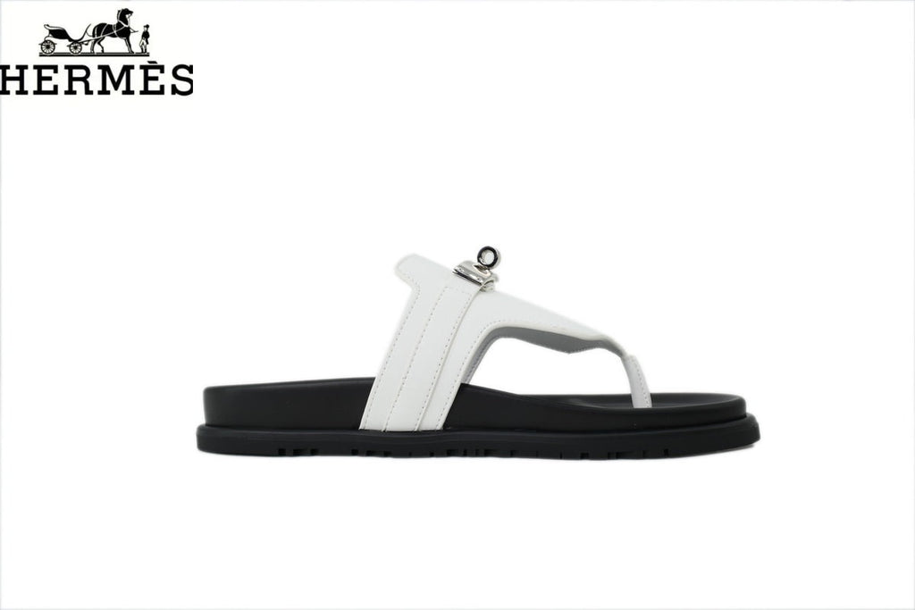 Hermès female slides White Leather Flip-Flop Slide with Metal Buckle