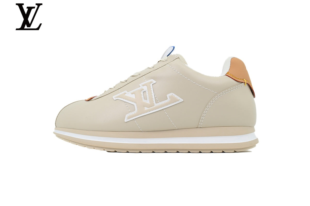 Louis Vuitton Low Top Sneaker in Beige Smooth Leather with White Outline Logo