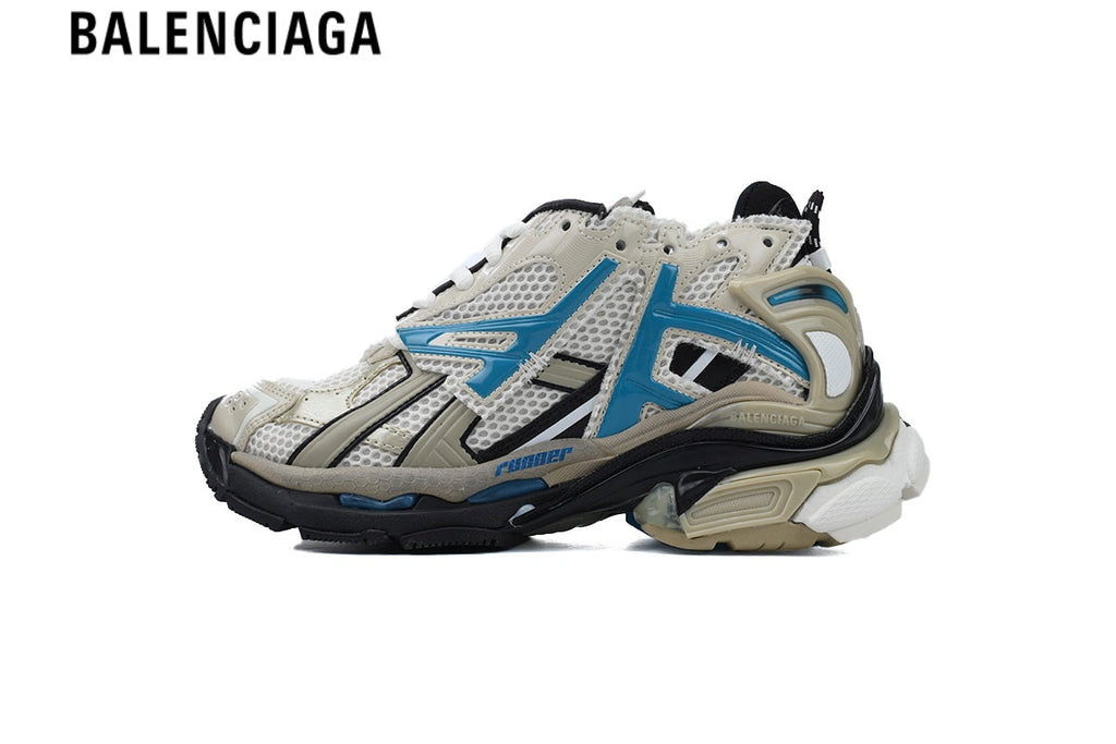 Balenciaga Runner men's shoes  women sneakers — Beige Mesh & Blue Synthetic Overlays