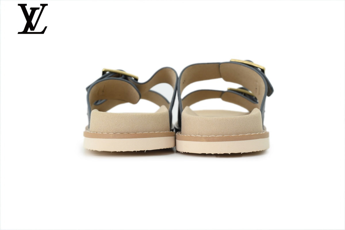 Louis Vuitton shoes for man  women Slide Sandal in Grey-Blue Suede with Double Gold Buckle