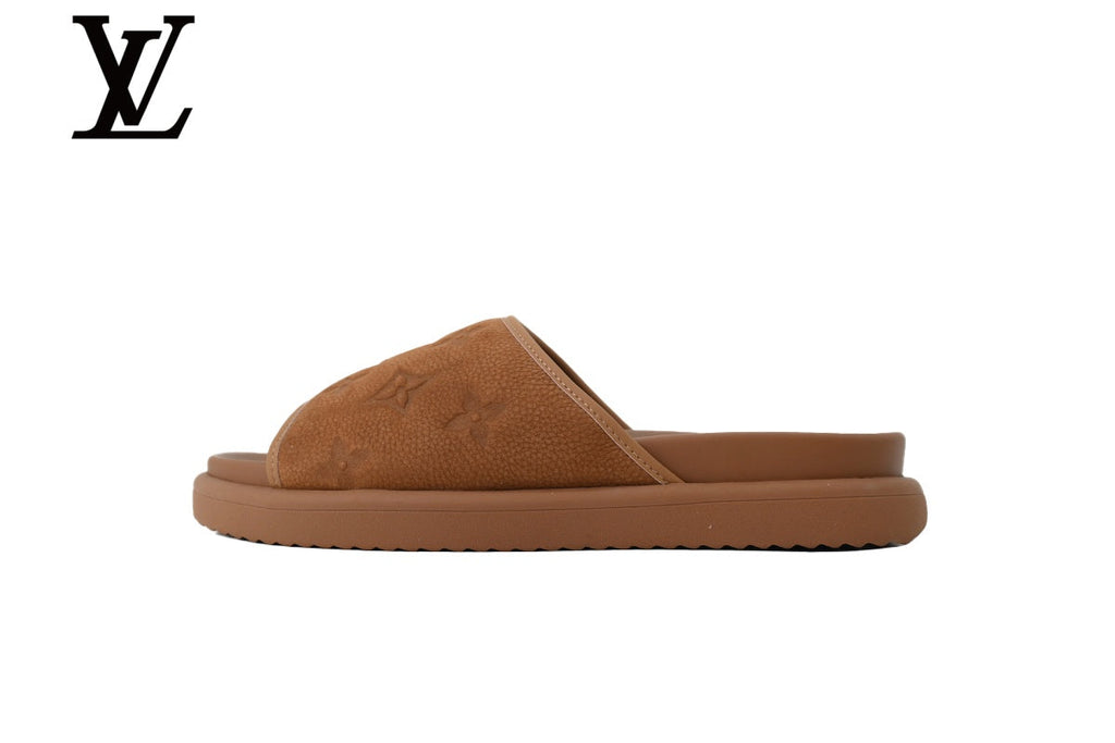 louis vuitton shoes for man  women Brown Monogram-Pattern Nubuck-Look Slides | Sizes 35–46