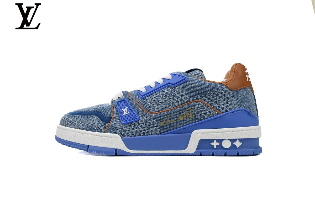 Louis Vuitton LV shoes for man  women Trainer Sneaker – Blue Denim & Brown