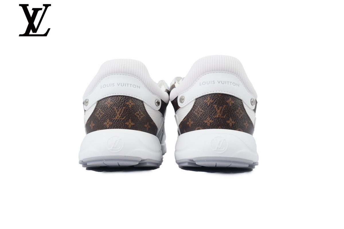 Louis Vuitton Low Top Sneaker – White Mesh & Leather with Monogram Panel & Grey Outsole