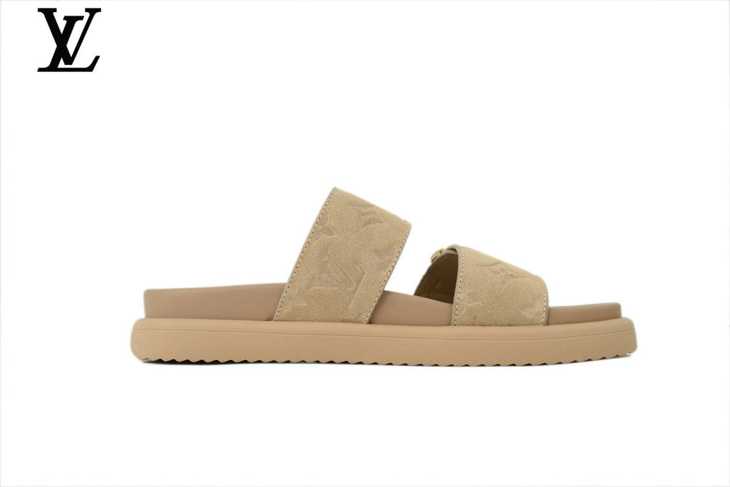 Louis Vuitton Monogram Slide Sandal in Beige with Gold Buckle and Double Strap
