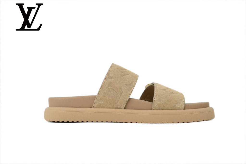 louis vuitton shoes for man  women Beige Monogram-Pattern Suede-Look Double-Strap Slides | Sizes 35–46