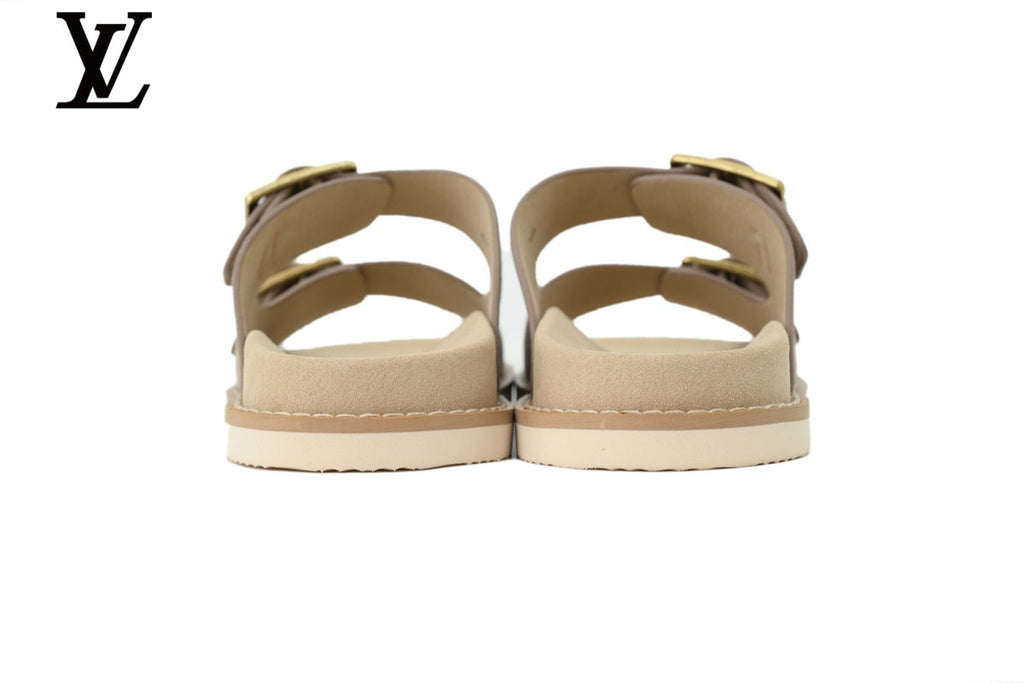 Louis Vuitton Double Strap Slide Sandal – Taupe Suede Leather & Gold Buckle