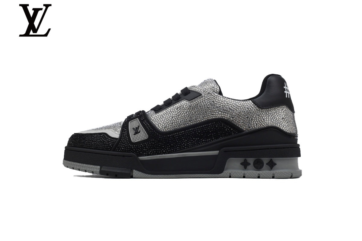 Louis Vuitton Trainer shoes for man  women Sneaker – Black & Silver Crystal