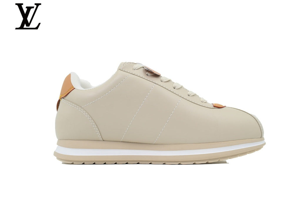 Louis Vuitton Low Top Sneaker in Beige Smooth Leather with White Outline Logo