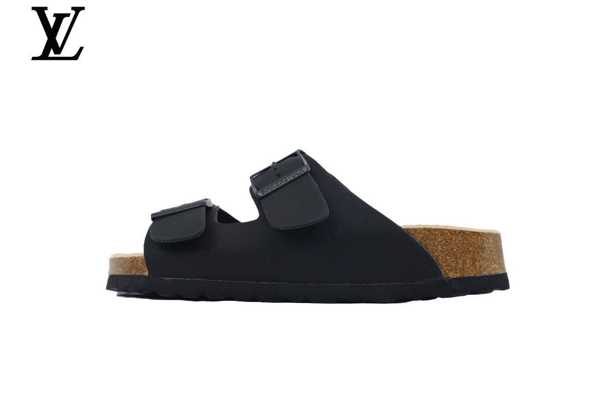louis vuitton shoes for man  women Birkenstock Slide Sandal in Black with Double Buckle and Cork Footbed