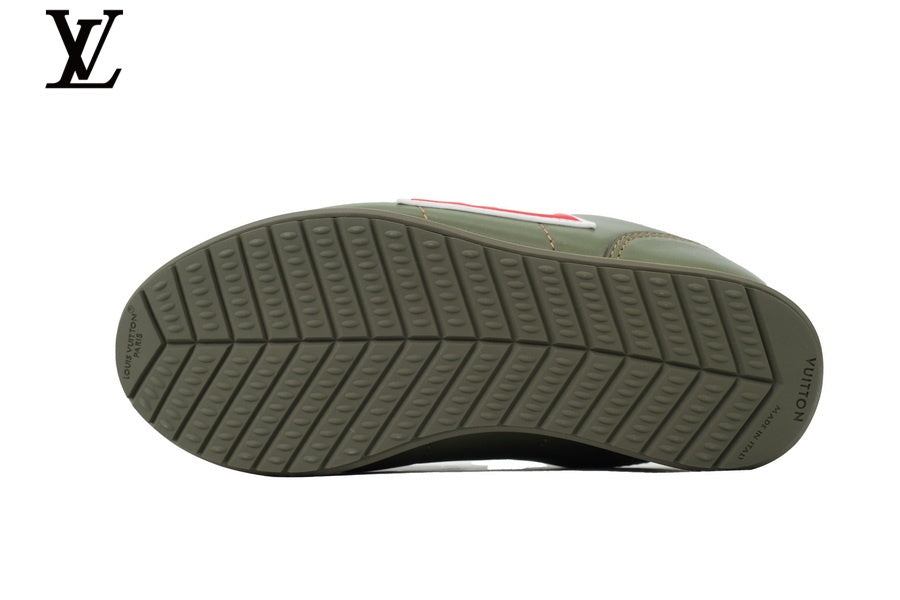 Louis Vuitton Low Top Sneaker in Olive Smooth Leather with Red Outline Logo