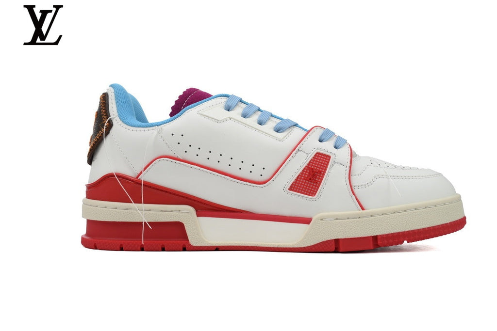 Louis Vuitton LV shoes for man  women Trainer Sneaker – White, Red & Blue
