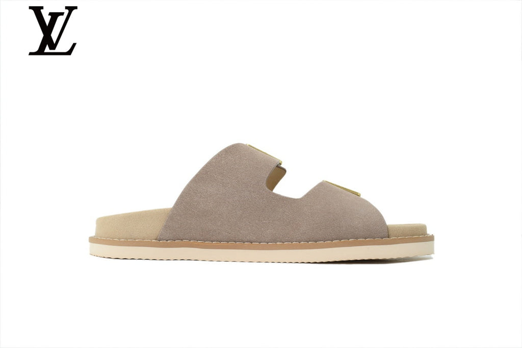 Louis Vuitton Double Strap Slide Sandal – Taupe Suede Leather & Gold Buckle