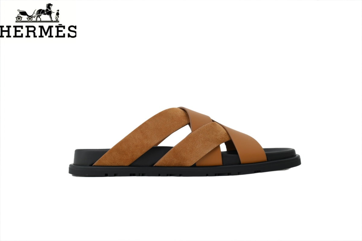Hermès   slides  Tan Leather and Suede Cross-Strap Slide Sandal