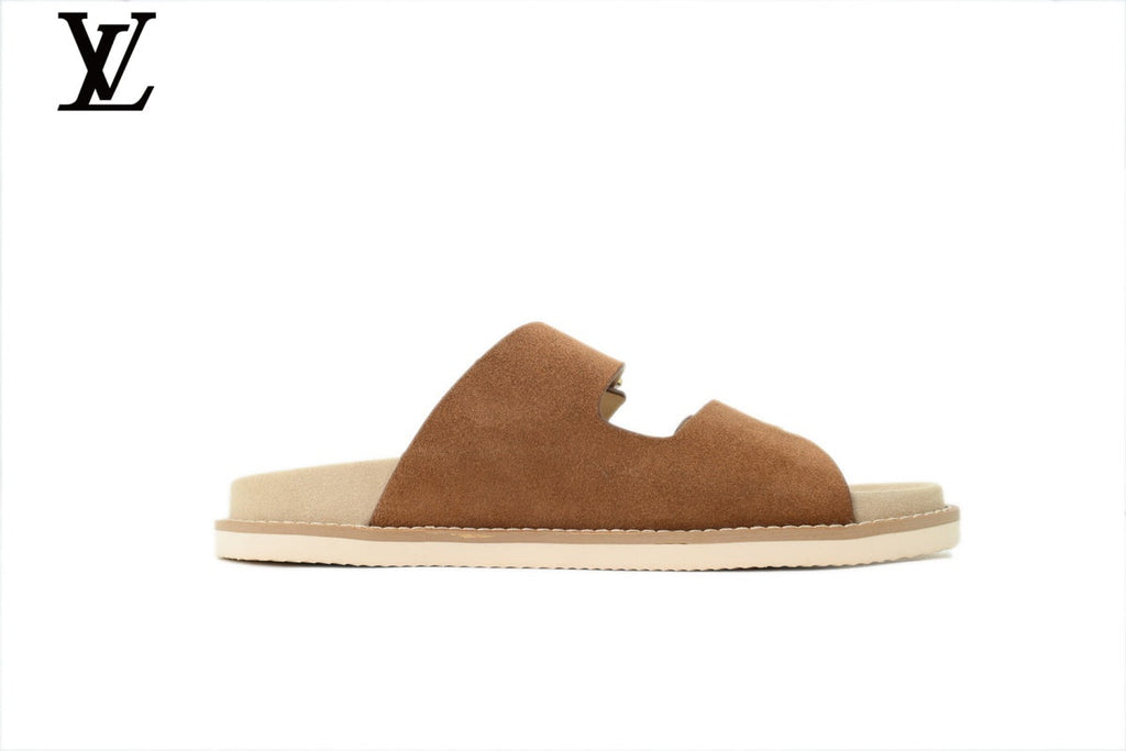 Louis Vuitton shoes for man  women Slide Sandal in Caramel Brown Suede with Double Gold Buckle