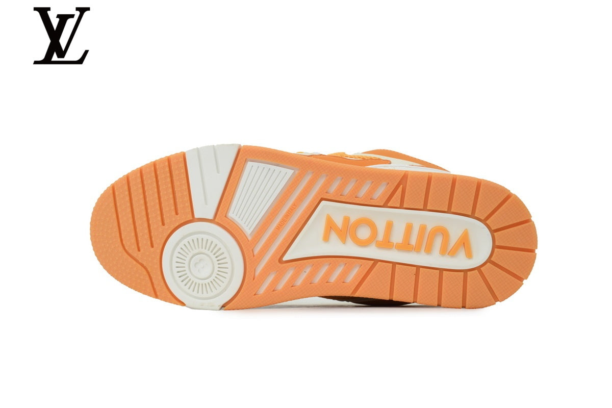 Louis Vuitton Trainer  shoes for man  women Sneaker – Orange & White Mesh & Leather