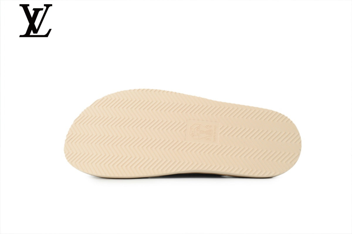 Louis Vuitton Cross Strap Slide Sandal – Grey Suede Leather & Beige Footbed