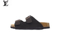 louis vuitton shoes for man  women Birkenstock Slide Sandal in Dark Coffee Suede with Double Buckle and Cork Footbed
