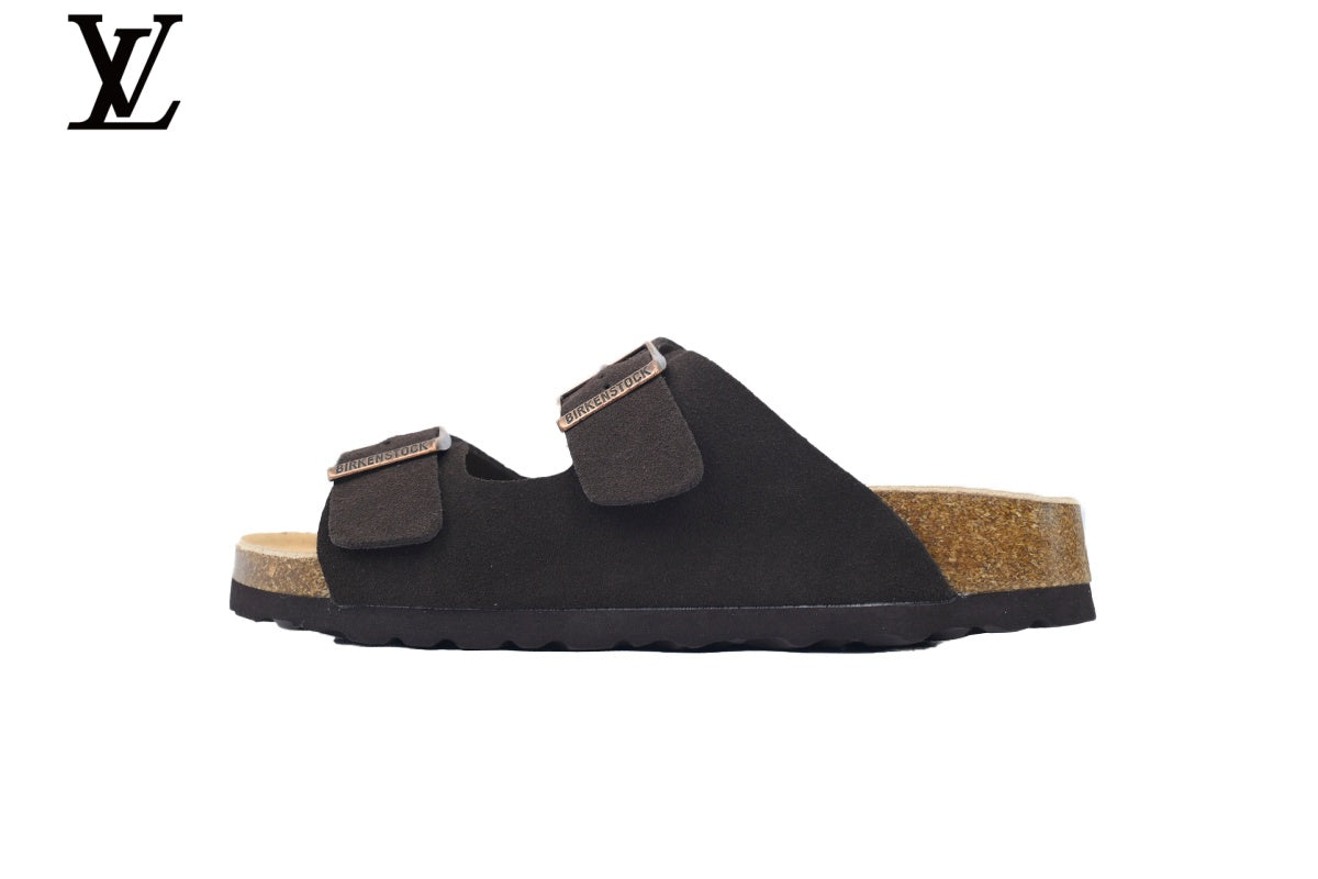 louis vuitton shoes for man  women Birkenstock Slide Sandal in Dark Coffee Suede with Double Buckle and Cork Footbed