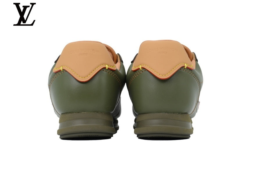 Louis Vuitton Low Top Sneaker in Olive Smooth Leather with Red Outline Logo