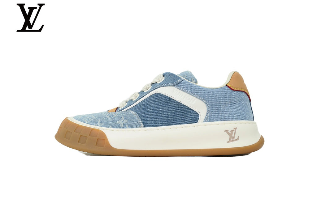 Louis Vuitton Low Top Sneaker in Blue Denim Monogram with Gum Sole
