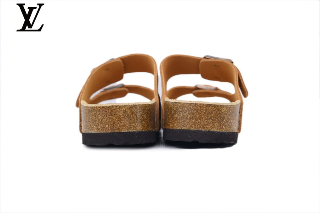 louis vuitton shoes for man  women Birkenstock Slide Sandal in Tan Suede with Double Buckle and Cork Footbed