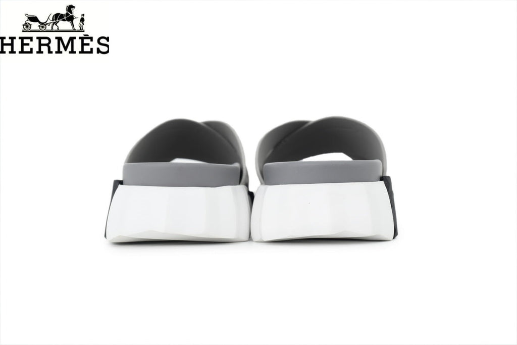 Hermès Light Grey Leather and Suede Cross-Strap Slide Sandal