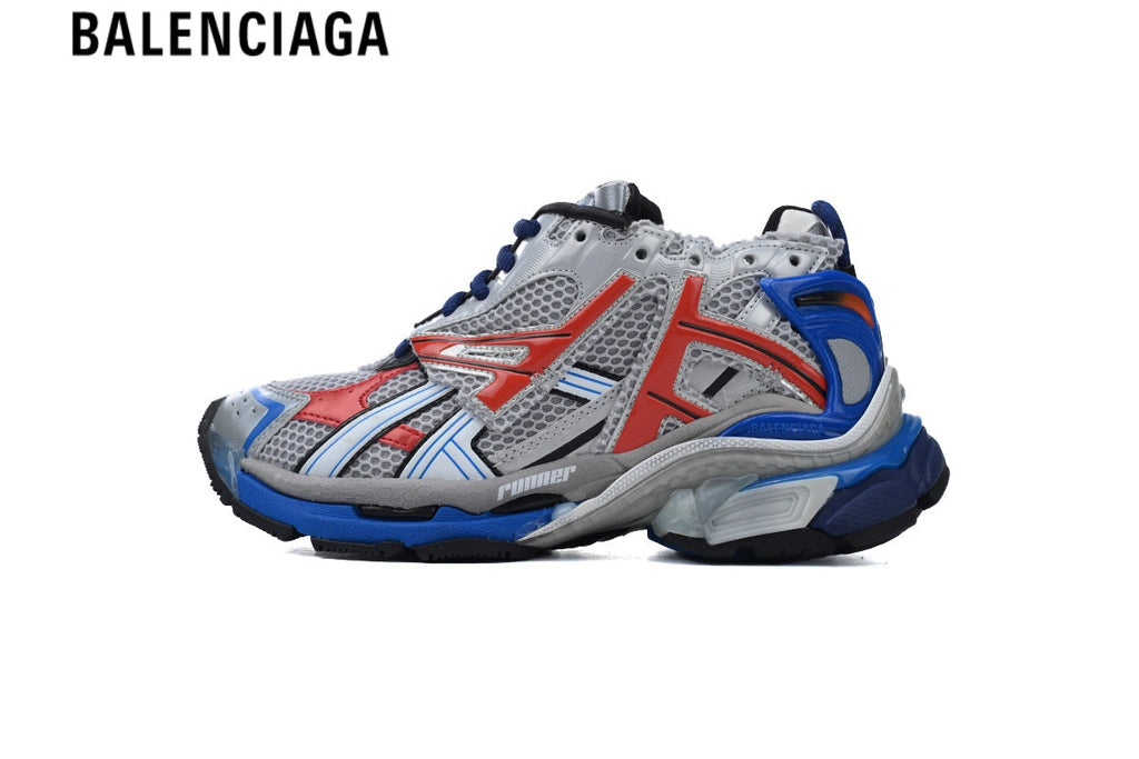 Balenciaga Runner men's shoes  women sneakers — Silver Mesh, Red & Blue Synthetic Overlays