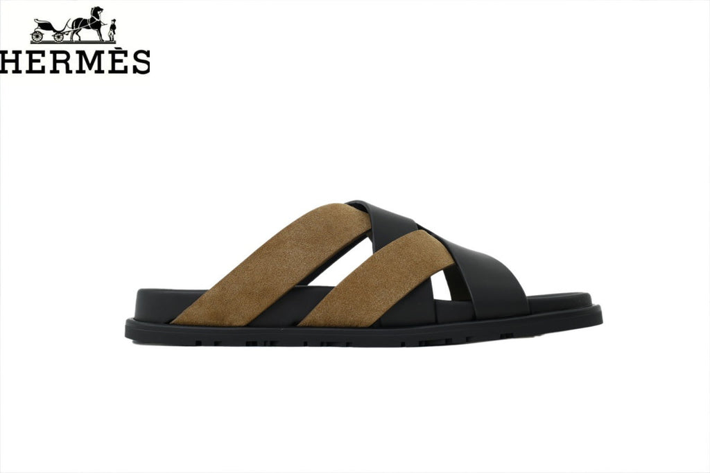 Hermès Black and Khaki Suede Cross-Strap Slide Sandal