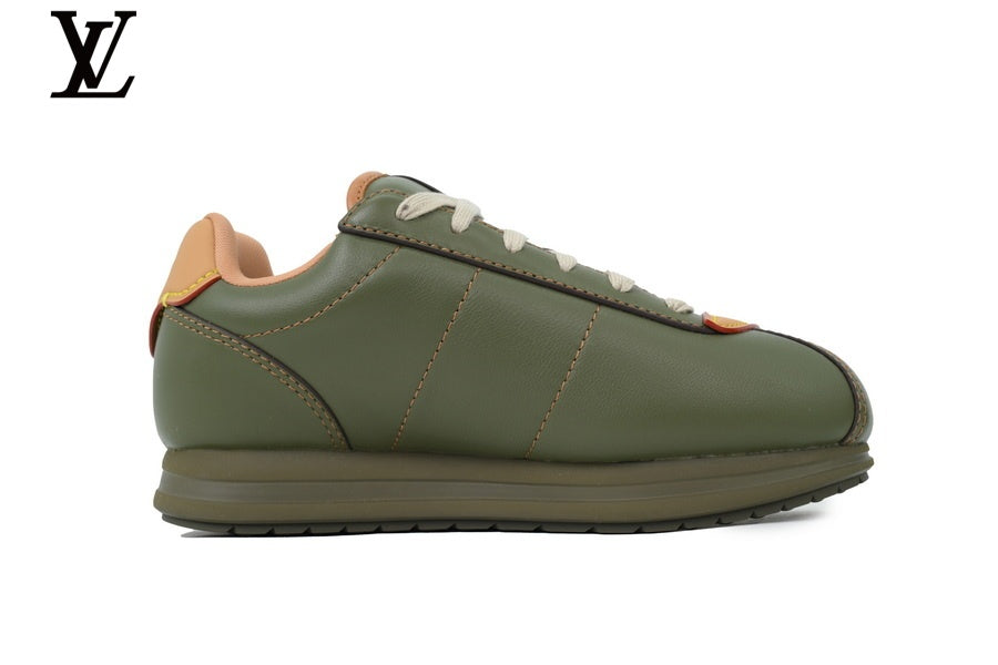 Louis Vuitton Low Top Sneaker in Olive Smooth Leather with Red Outline Logo
