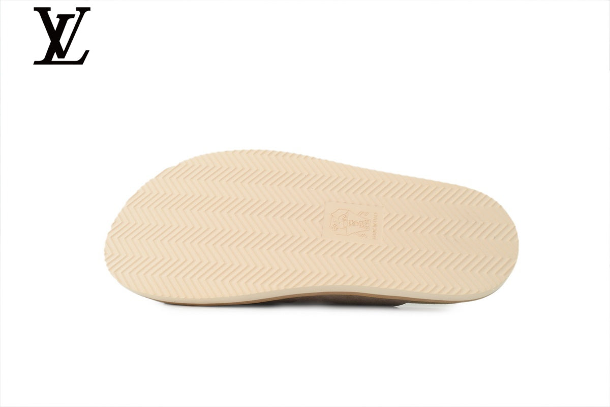 Louis Vuitton Double Strap Slide Sandal – Taupe Suede Leather & Gold Buckle