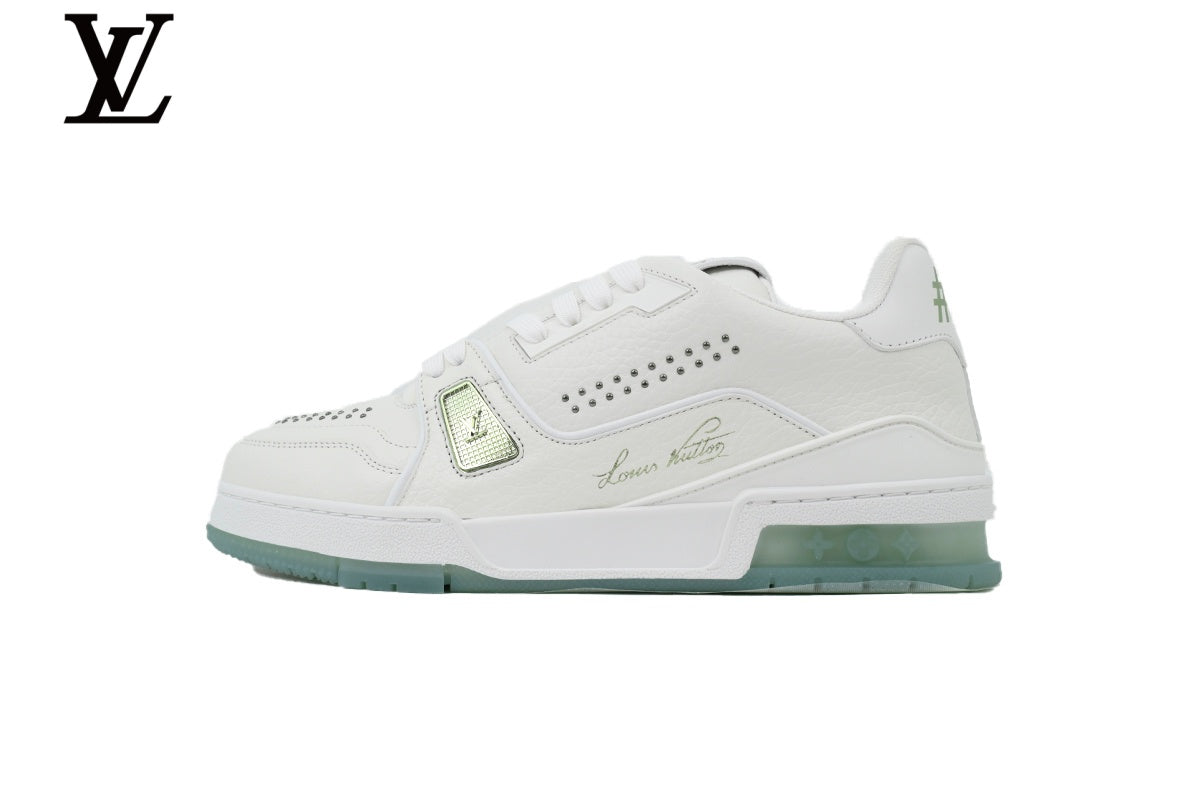 Louis Vuitton Trainer  shoes for man  women Sneaker – White with Light Green Sole