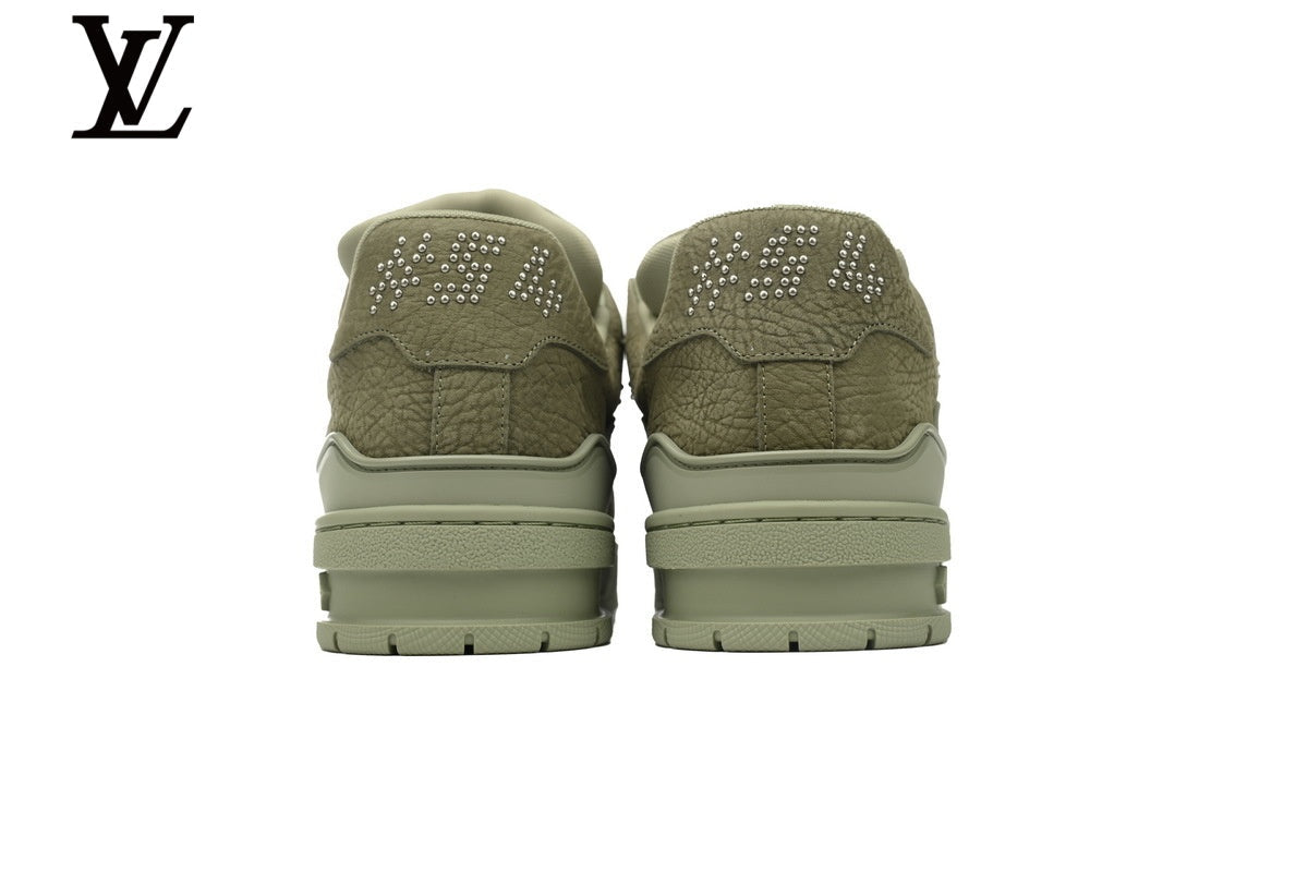Louis Vuitton Low Top Trainer – Sage Green Grained Leather & Silver Logo