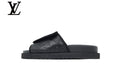 louis vuitton shoes for man  women Black Monogram-Pattern Leather-Look Slides | Sizes 35–46